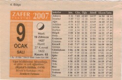 9 Ocak 2007 Takvim Yaprağı EFM(N)5096 - Gökçekoleksiyon