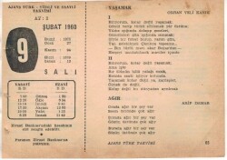 9 Şubat 1960 Ajans Türk Takvim Yaprağı (Şiirli Saatli) EFM(N)1507 - 1