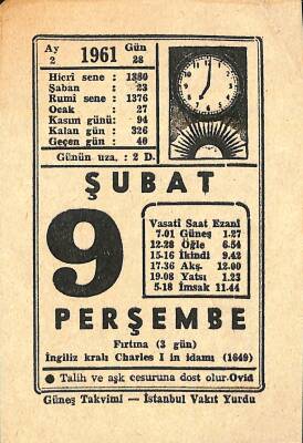 9 Şubat 1961 Takvim Yaprağı - Doğum Günü Hediyesi EFM(N)11233 - 1