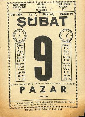 9 Şubat 1969 Takvim Yaprağı - Doğum Günü Hediyesi EFM(N)11101 - 1