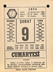 9 Şubat 1974 Takvim Yaprağı - Doğum Günü Hediyesi EFM(N)12278 - Gökçekoleksiyon