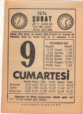 9 Şubat 1974 Takvim Yaprağı EFM(N)5248 - 1