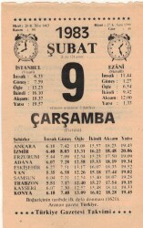 9 Şubat 1983 Takvim Yaprağı EFM(N)5389 - Gökçekoleksiyon