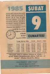 9 Şubat 1985 Takvim Yaprağı EFM(N)5135 - Gökçekoleksiyon