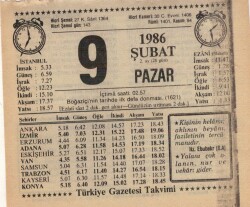 9 Şubat 1986 Takvim Yaprağı EFM(N)5220 - Gökçekoleksiyon