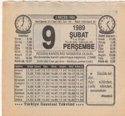 9 Şubat 1989 Takvim Yaprağı EFM(N)5361 - Gökçekoleksiyon
