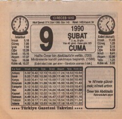 9 Şubat 1990 Takvim Yaprağı EFM(N)5192 - Gökçekoleksiyon