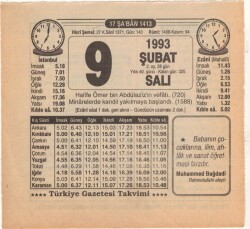 9 Şubat 1993 Takvim Yaprağı EFM(N)5304 - Gökçekoleksiyon