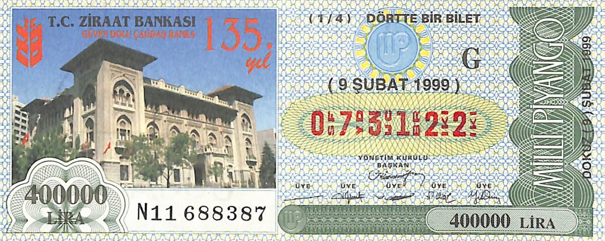 9 Şubat 1999 Piyango Bileti Dörtte Bir Bilet PYB6588 - 1