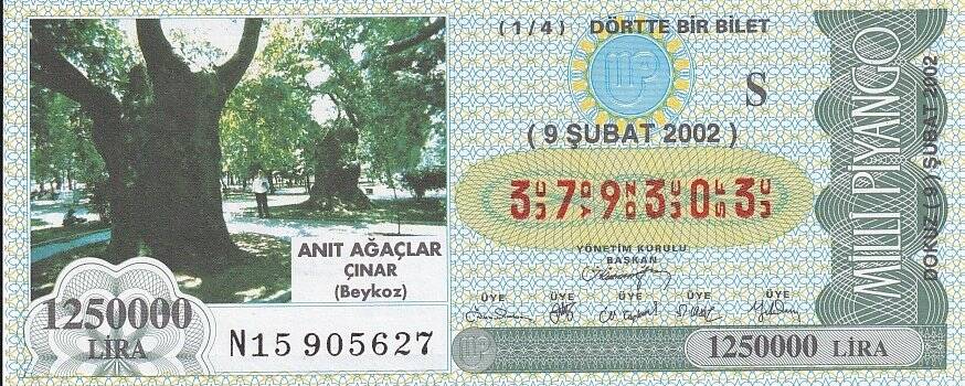9 Şubat 2002 (S) Anıt Ağaçlar Çınar (14) Dörtte Bir Bilet PYB5692 - 1