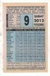 9 Şubat 2012 Takvim Yaprağı EFM(N)1850 - Gökçekoleksiyon