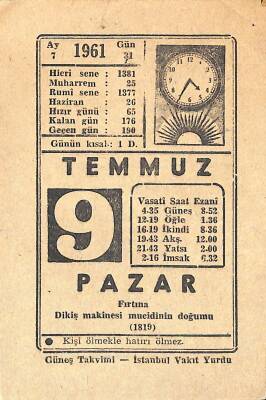 9 Temmuz 1961 Takvim Yaprağı - Doğum Günü Hediyesi EFM(N)11344 - 1
