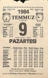 9 Temmuz 1984 Takvim Yaprağı - Doğum Günü Hediyesi EFM(N)11194 - Gökçekoleksiyon