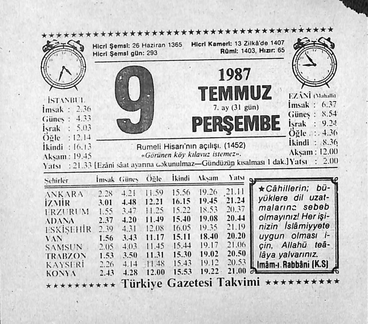 9 Temmuz 1987 Takvim Yaprağı - Doğum Günü Hediyesi EFMN13821 - 1