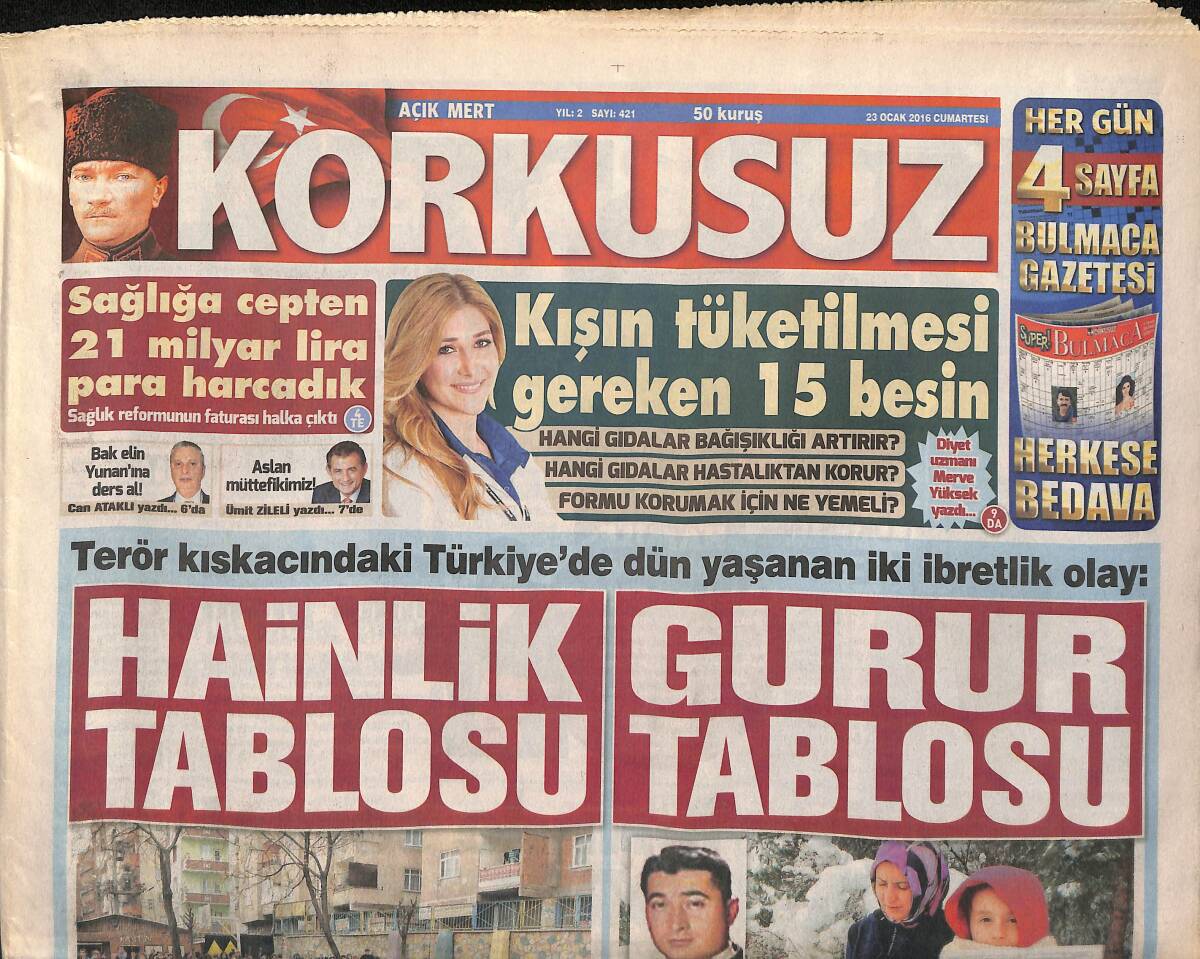 Açık Mert Korkusuz Gazetesi 23 Ocak 2016 - PKK Karne Bekleyen Öğrencilere Bomba Attı - Kamer Genç Vefat Etti GZ154359 - 1