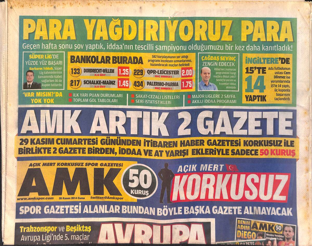 Açık Mert Korkusuz Spor Gazetesi 28 Kasım 2014 - Terim Bombası - Avrupalı Trabzon GZ154892 - 1