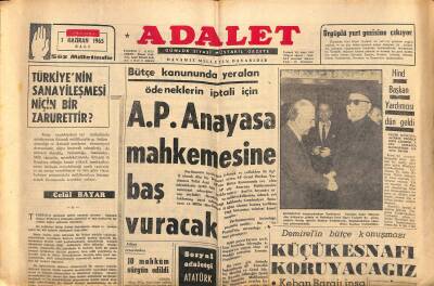 Adalet Gazetesi 1 Haziran 1965 - Yunus Emrenin Ceddine Ait Bir Tekke Bulundu - A.P. Anayasa Mahkemesine Baş Vuracak GZ121706 - 1
