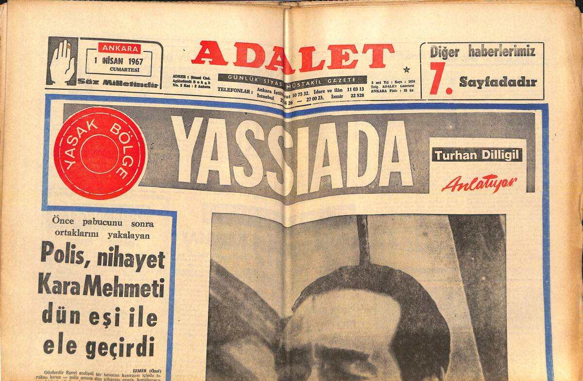 Adalet Gazetesi 1 Nisan 1967 - Polis, Nihayet Kara Mehmet'i Eşi İle Ele Geçirdi - Hülya Koçyiğit Yalan Mı Söylüyor - Ajda Eko Getirdi GZ139513 - 1