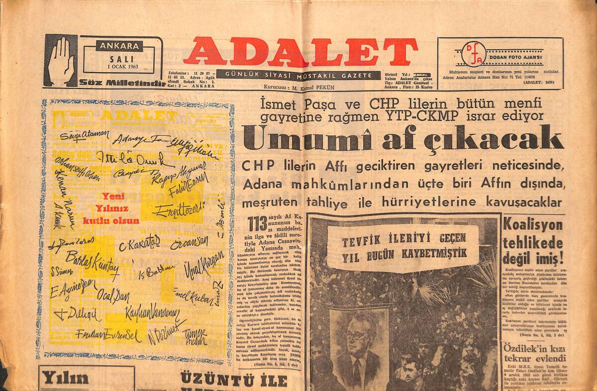 Adalet Gazetesi 1 Ocak 1963 - Fethi Çelikbaş İçin Gensoru Teklifi Tekrar Görüşülecek! - Gürsel İle Hükümet Erkanının Mesajları GZ139664 - 1