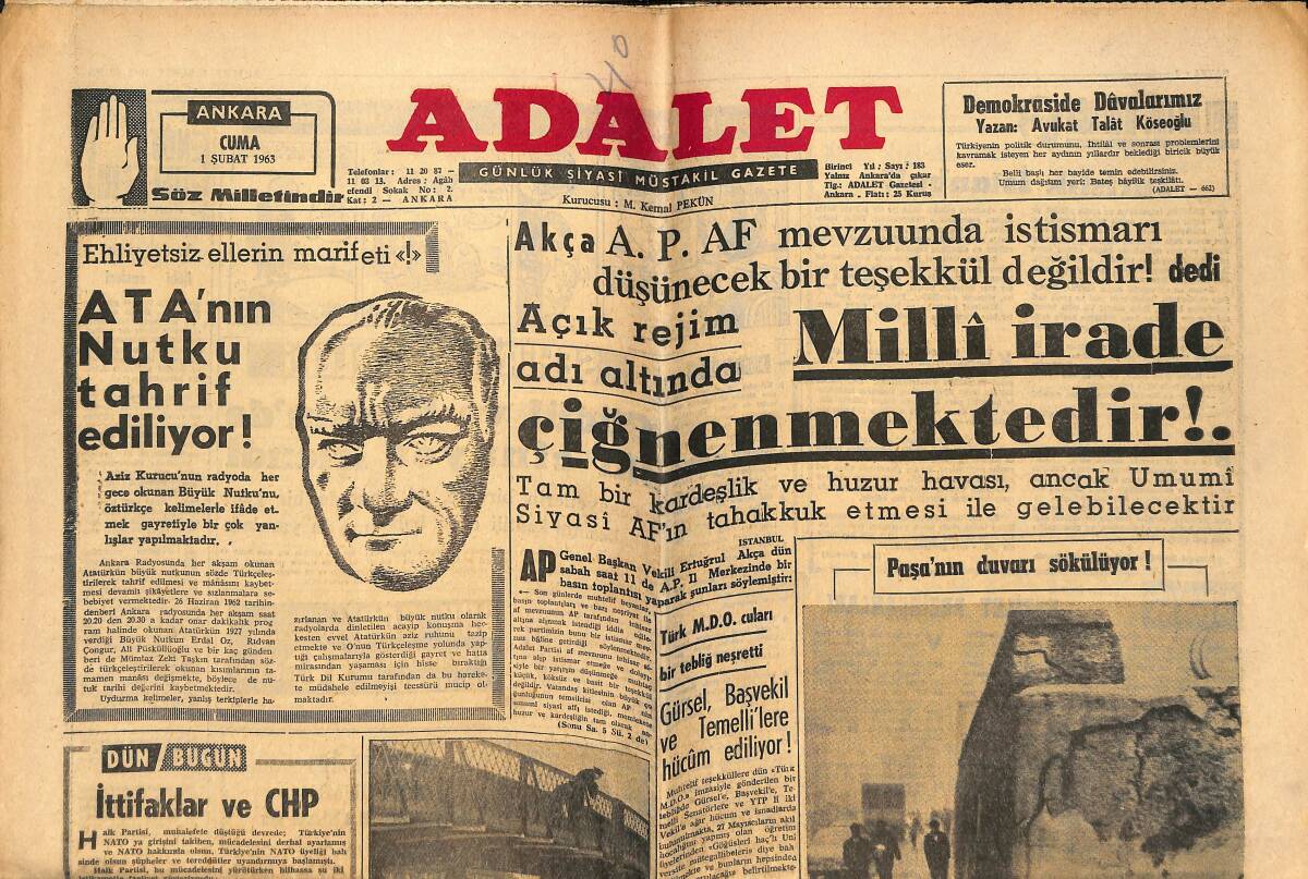 Adalet Gazetesi 1 Şubat 1963 - Brigitte Bardot, Aktör Jailes İle Resmen Boşandı - Amerika'da 12 Saatte 4 Uçak Kazası Oldu GZ139595 - 1