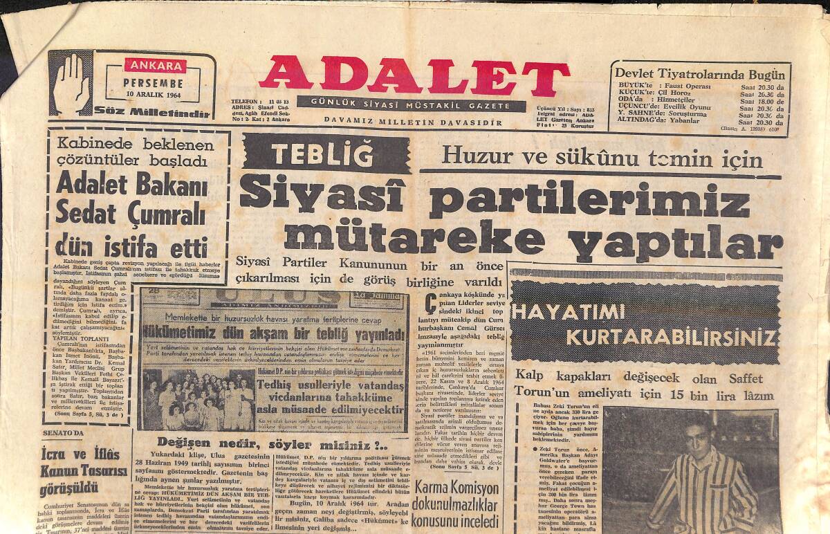Adalet Gazetesi 10 Aralık 1964 - Galatasaray Legia İle Bugün Kader Maçını Oynuyor - Adalet Bakanı Sedat Çumralı Dün İstifa Etti GZ157044 - 1