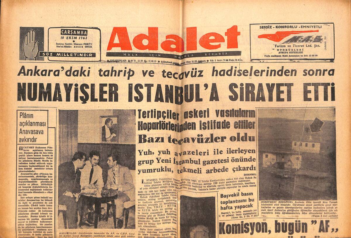 Adalet Gazetesi 10 Ekim 1962 - Mumayişler İstanbul'a Sirayet Etti! - AP-CHP Gençlik Kolları Azimli! GZ139666 - 1