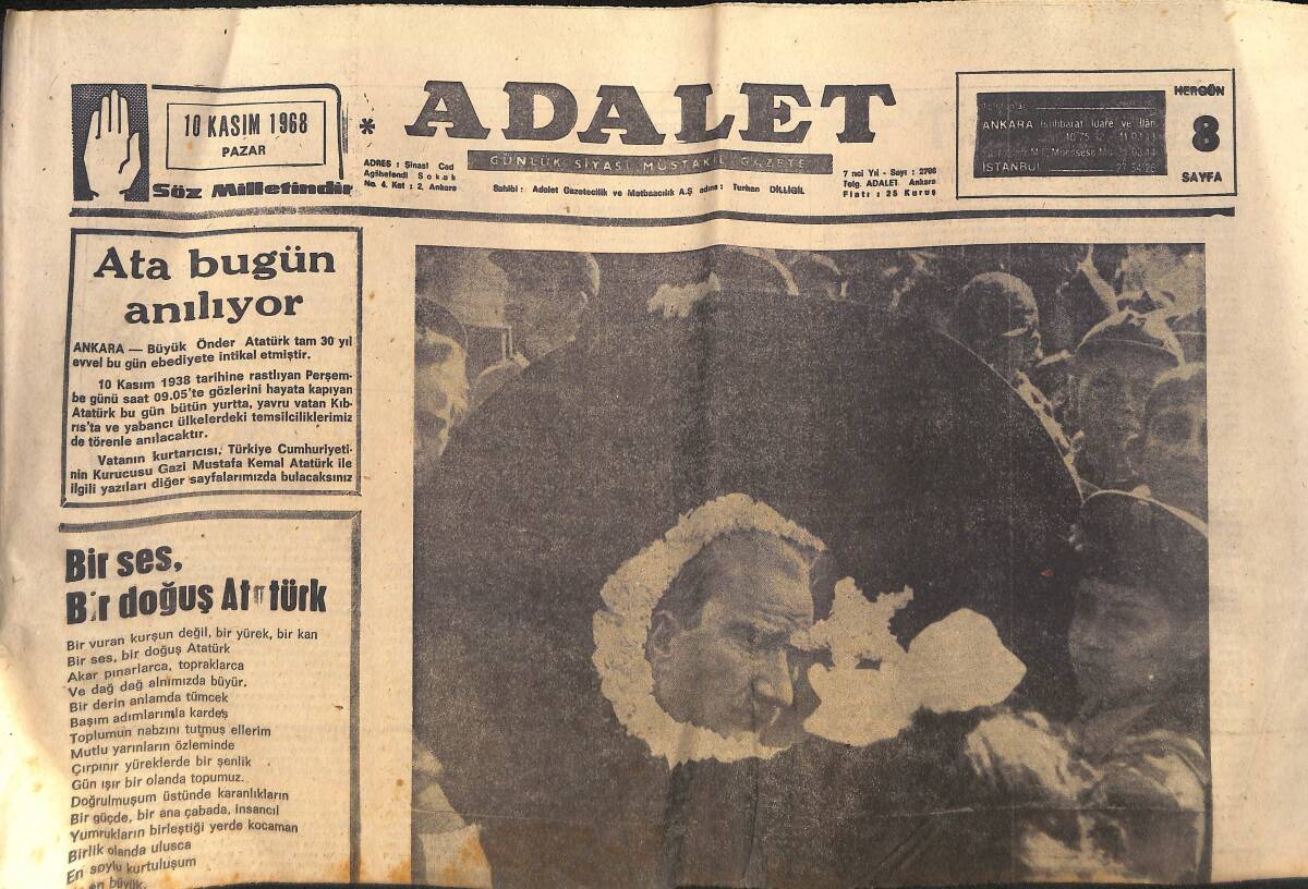 Adalet Gazetesi 10 Kasım 1968 - Ulu Önder Mustafa Kemal Atatürk'ü Yurdun Her Yerinde Törenlerle Anıyoruz GZ132490 - 1