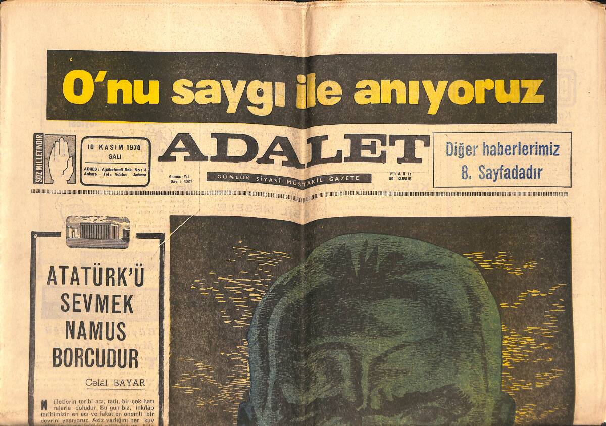 Adalet Gazetesi 10 Kasım 1970 - Celal Bayar: Atatürk'ü Sevmek Namuz Borcudur! - Şöför Boykotu Bugün Başlıyor! GZ139627 - 1