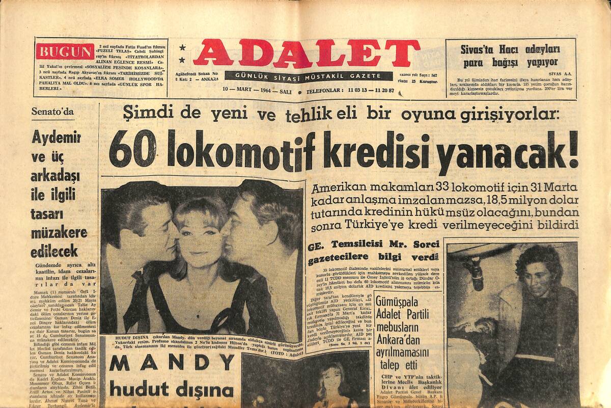 Adalet Gazetesi 10 Mart 1964 - 60 Lokomotif Kredisi Yanacak! - Esnaf Ve Küçük Sanatkar Kanun Tasarısı Meclis'te! GZ139816 - 1