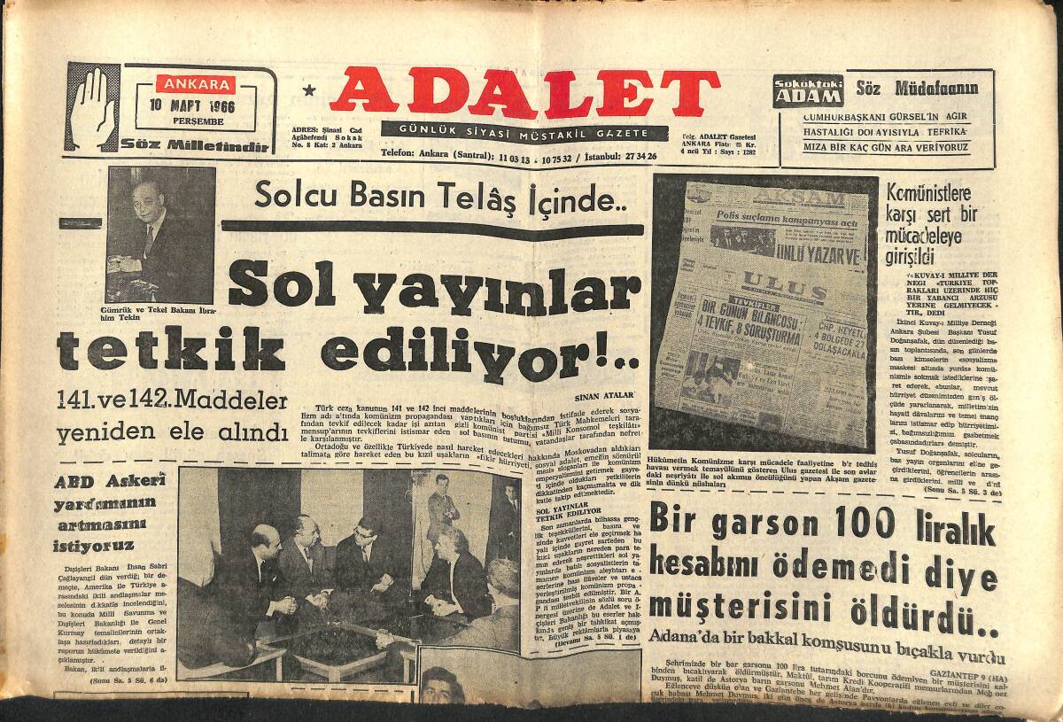 Adalet Gazetesi 10 Mart 1966 - Sol Yayınlar Tetkik Ediliyor! - Solcular Demirel'in S.B. Fakültesi Ziyaretini İstismara Kalktılar! GZ139843 - 1