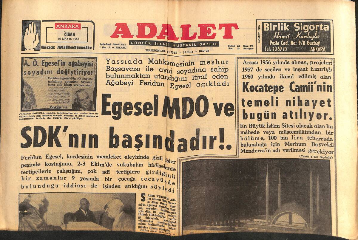 Adalet Gazetesi 10 Mayıs 1963 - Celal Bayar Dün İki Konuda İfade Verdi! - Cemal Gülek: CHP Kötüye Gidiyor! GZ139696 - 1