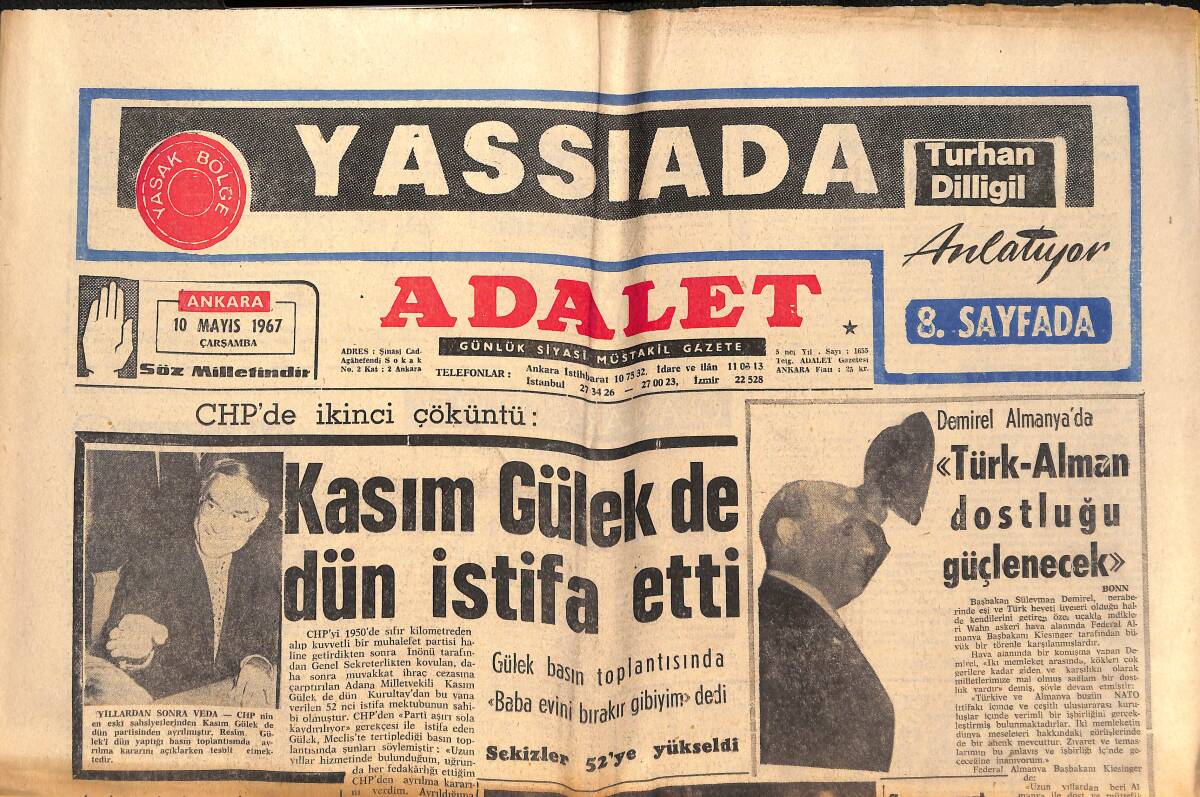 Adalet Gazetesi 10 Mayıs 1967 - Kasım Gülek De Dün İstifa Etti! - Süleyman Demirel: Türk-Alman Dostluğu Güçlenecek! GZ139476 - 1