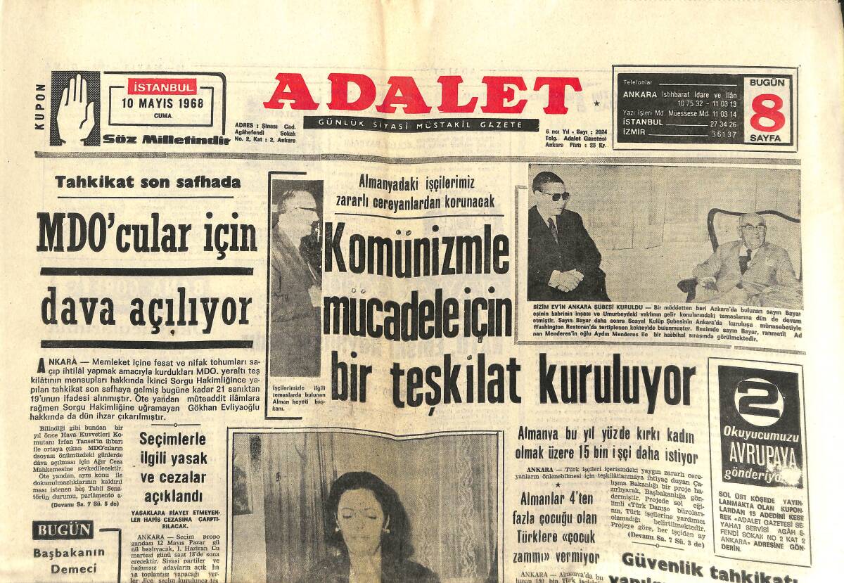 Adalet Gazetesi 10 Mayıs 1968 - MDO'CULAR İçin Dava Açılıyor - Bayan Demirel, Eşine Kendi Eliyle Yaprak Dolması Sardı! GZ139837 - 1