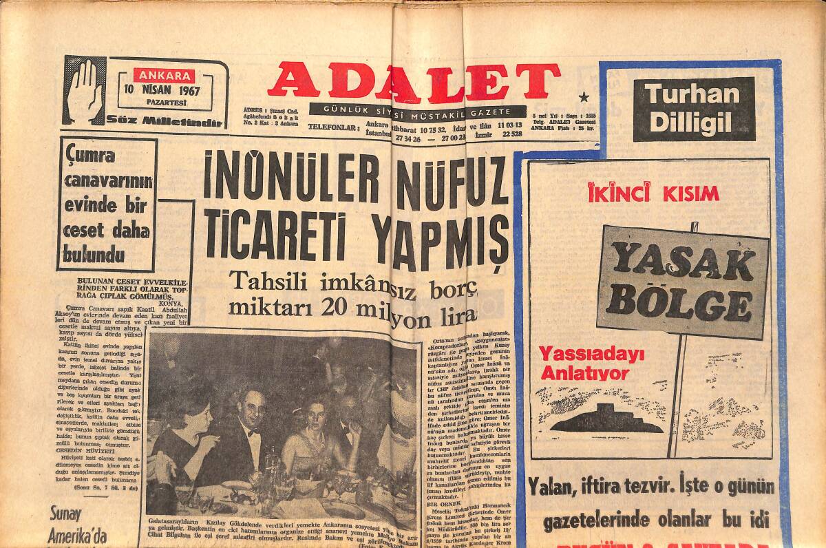 Adalet Gazetesi 10 Nisan 1967 - İnönüler Nüfuz Ticareti Yapmış - B. Bardot Siyah Perukla Dolaşıyor - İngiliz Sinemasının Yeni Bombası Veronica Hall GZ139521 - 1
