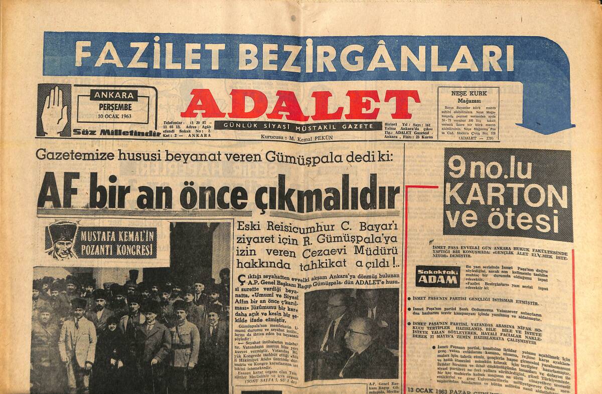 Adalet Gazetesi 10 Ocak 1963 - Ragıp Gümüşpala: AF Bir An Önce Çıkmalıdır! - Feridun Erkin'in Dış Politikaya Dair İzahatı Tatminkar Değildir! GZ139876 - 1