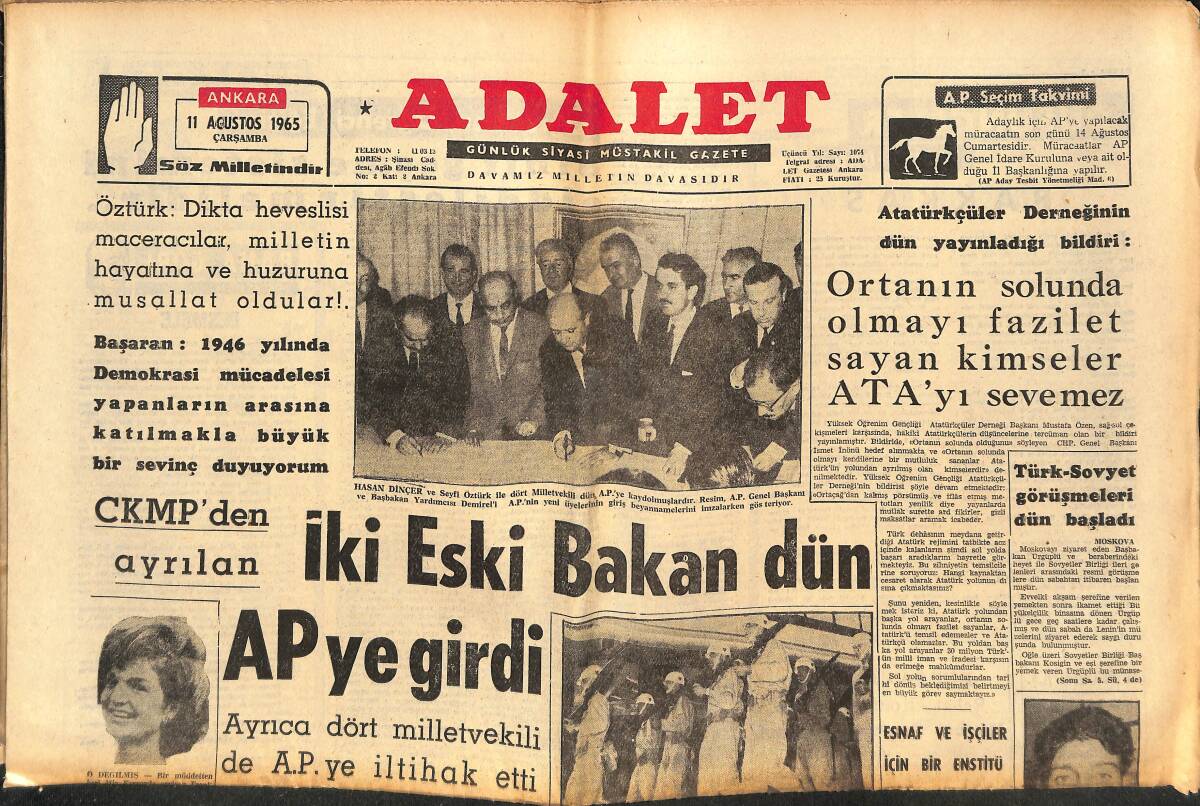 Adalet Gazetesi 11 Ağustos 1965 - Atatürkçüler Derneğinin Dün Yayınladığı Bildiri - CKMP'den Ayrılan İki Eski Bakan Dün AP'ye Girdi GZ139582 - 1