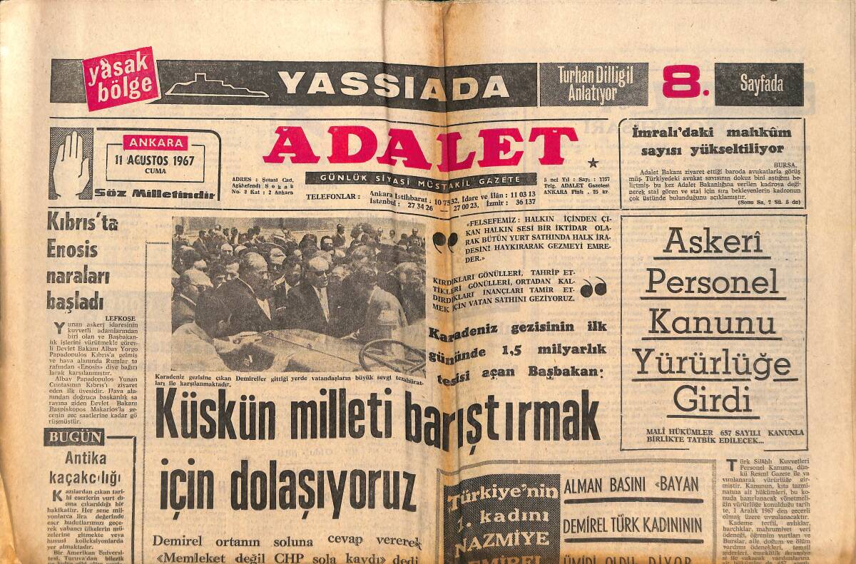 Adalet Gazetesi 11 Ağustos 1967 - NATO Radar Tesisleri Ege Orman Yangınında Büyük Tehlike Atlattı! - Askeri Personel Kanunu Yürürlüğe Girdi GZ139485 - 1