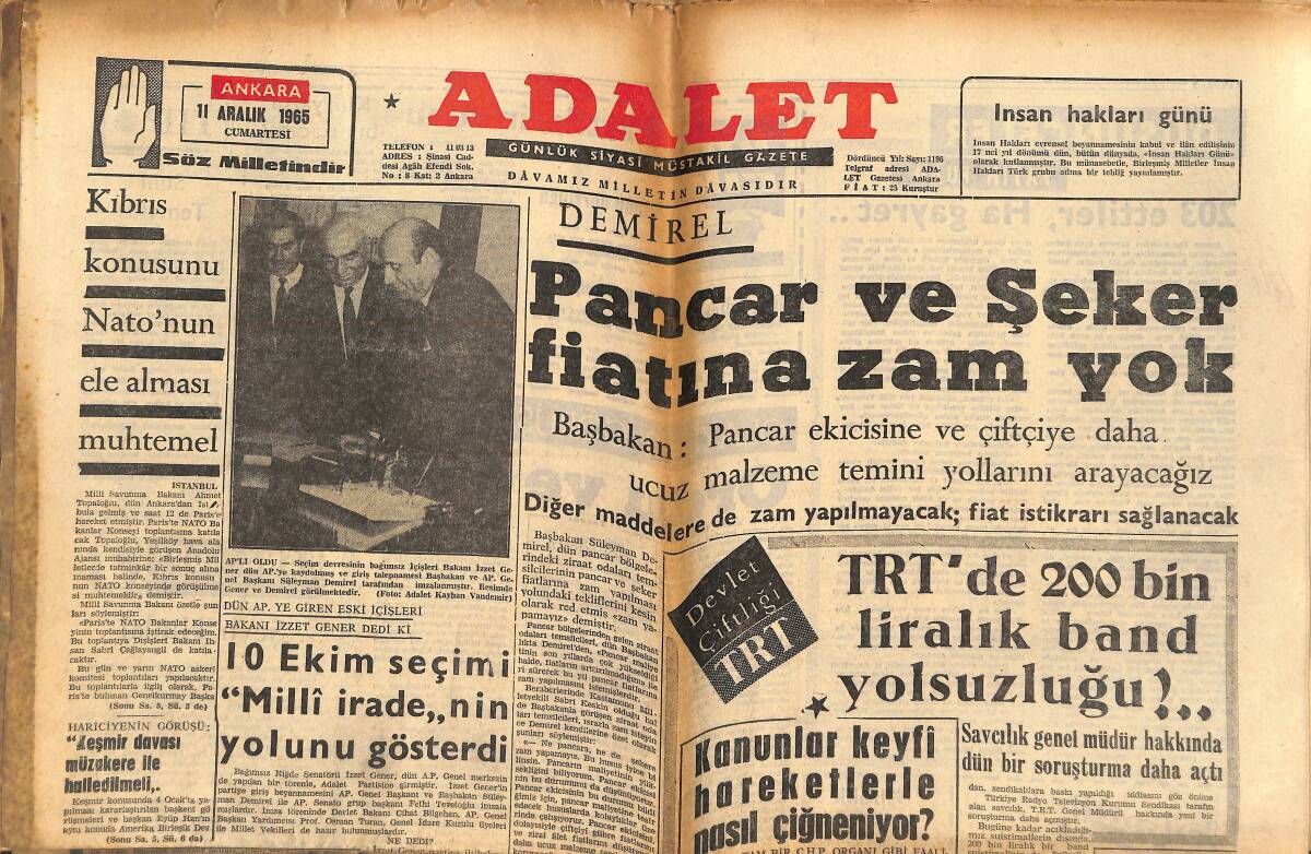 Adalet Gazetesi 11 Aralık 1965 - Kıbrıs Konusunu NATO'nun Ele Alması Muhtemel - Bandırma Vapurunda Mustafa Kemal Vardı GZ139573 - 1