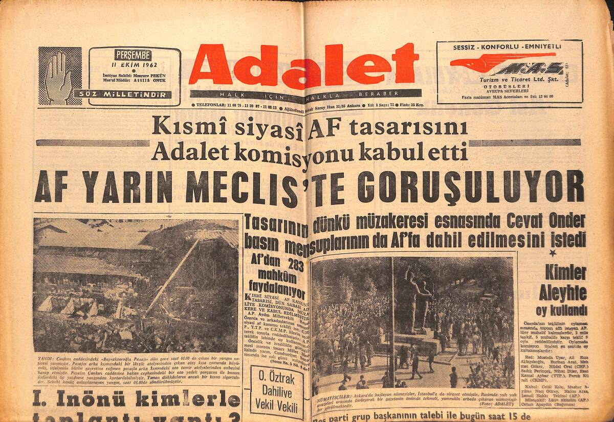 Adalet Gazetesi 11 Ekim 1962 - Af Yarın Meclis'te Görüşülüyor - 1. İnönü Kimlerle Toplantı Yaptı? GZ139668 - 1