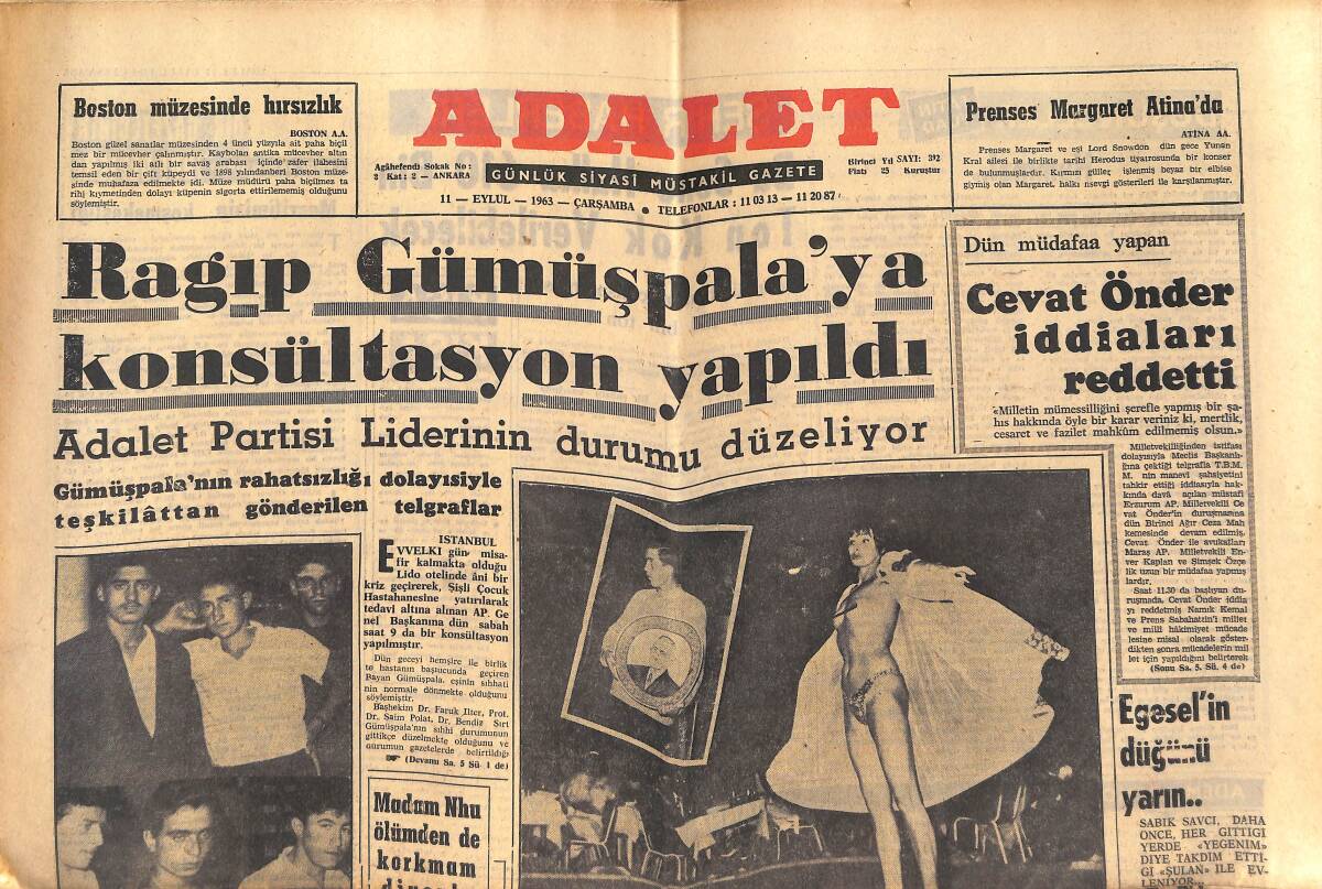 Adalet Gazetesi 11 Eylül 1963 - CHP'liler Eğlendi - Madam Nhu Ölümden De Korkmam Diyor - Metin Oktay Mutlaka İkinci Tura Atlayacağız Dedi GZ139715 - 1
