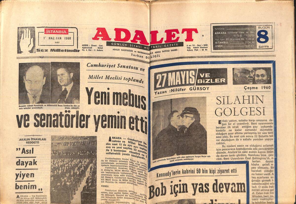 Adalet Gazetesi 11 Haziran 1968 - Kızılay Balosu İçin Gina Lolobrigida Geliyor - Bob İçin Yas Devam Ediyor - Kennedy'nin Ölümü Olayların Başına Geçti GZ138581 - 1