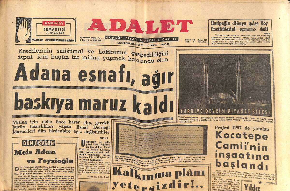 Adalet Gazetesi 11 Mayıs 1963 - Adana Esnafı, Ağır Baskıya Maruz Kaldı - Barzani'nin Çeteleri Baskınlar Yapıyor GZ139695 - 1