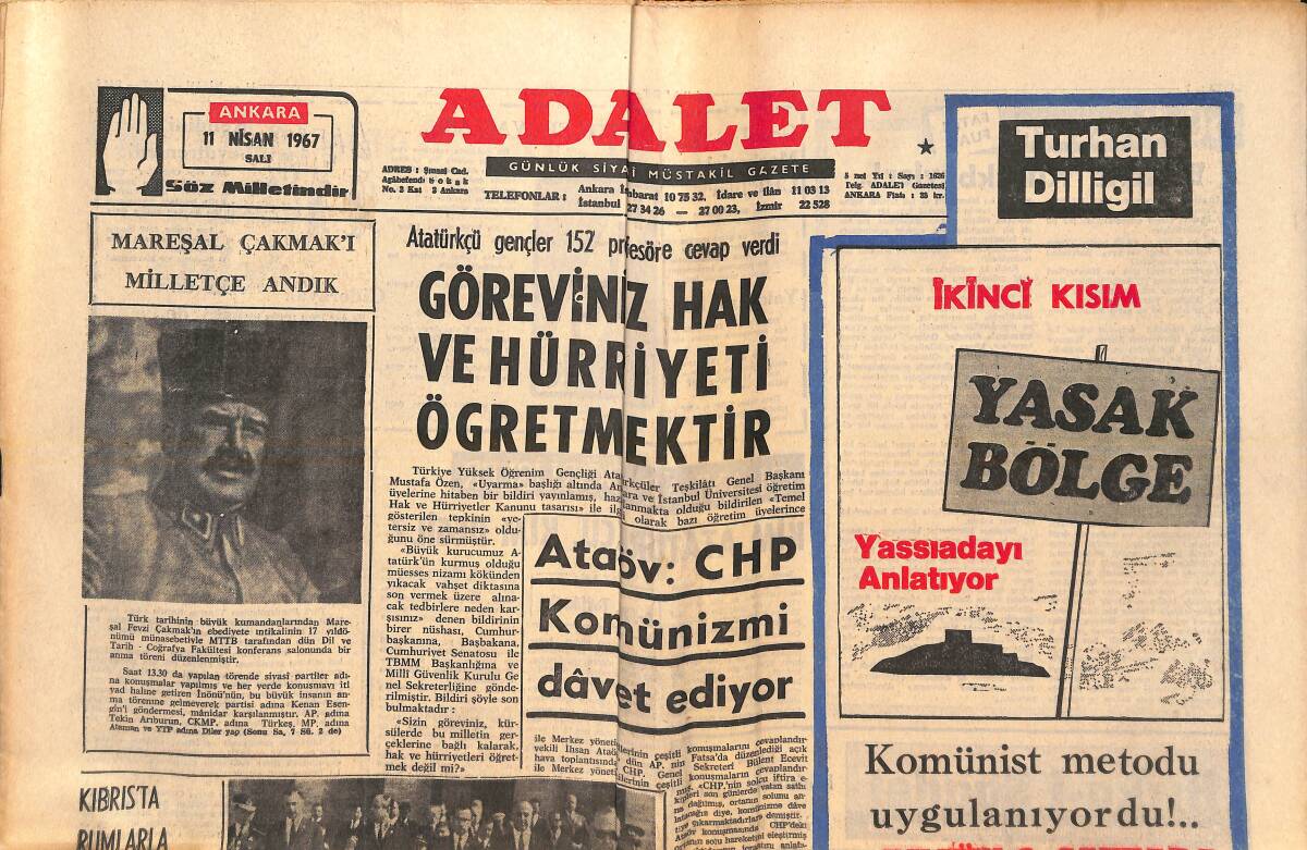 Adalet Gazetesi 11 Nisan 1967 - Kıbrıs'ta Rumlarla Mücahitler Çarpıştı - Grand Prix'in Galası Münasebetiyle Avrupa Sosyetesi Bir Araya Geldi GZ139522 - 1