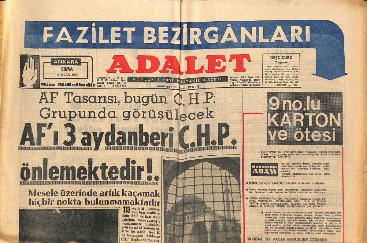 Adalet Gazetesi 11 Ocak 1963 - AF'I 3 Aydanberi CHP Önlemektir! - AP'NİN Eşya Piyangosu Afişleri Yırtıldı! GZ139831 - 1