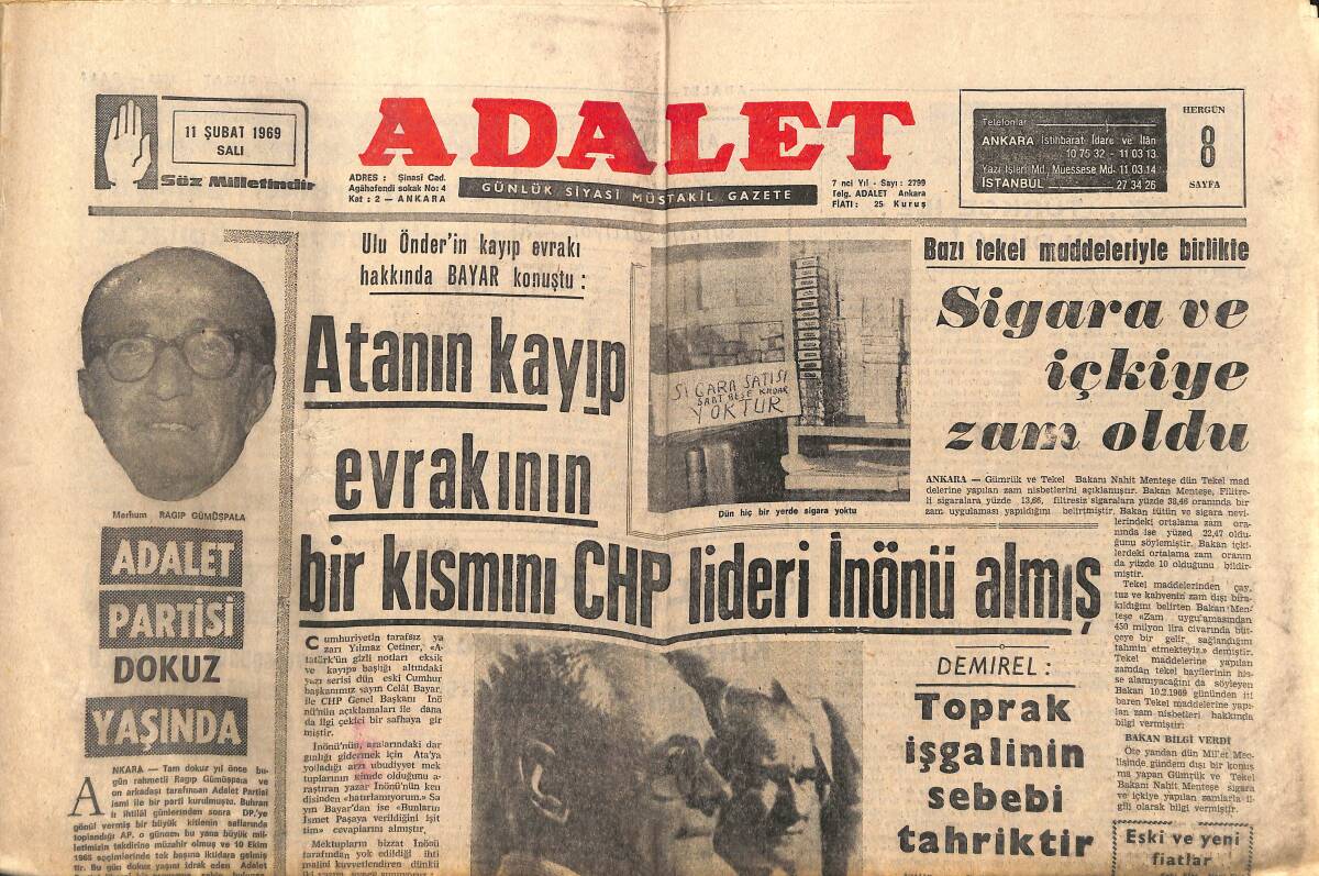 Adalet Gazetesi 11 Şubat 1969 - Atanın Kayıp Evrakının Bir Kısmını İnönü Almış - Fernando Lamas Tekrar Sahnede GZ139730 - 1
