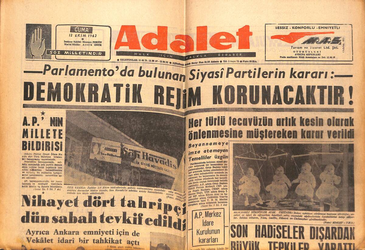 Adalet Gazetesi 12 Ekim 1962 - Demokratik Rejim Korunacaktır! - Umumi Referandumu Neticelendi! GZ139669 - 1