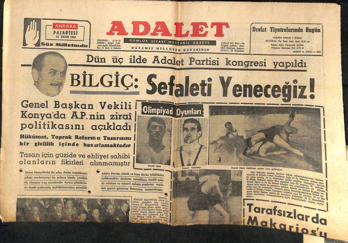 Adalet Gazetesi 12 Ekim 1964 - Saadettin Bilgiç: Sefaleti Yeneceğiz! - Kasım Gülek, CHP'YE Kabul Edilmiyor! GZ139869 - 1