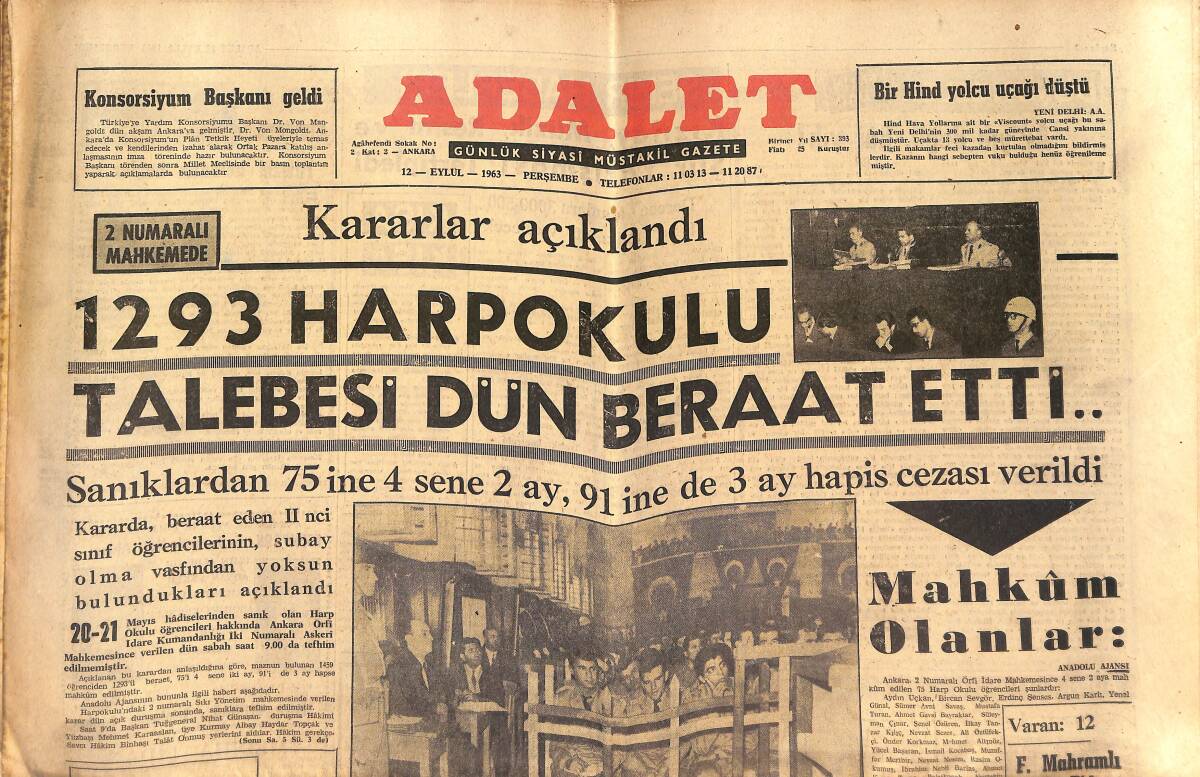 Adalet Gazetesi 12 Eylül 1963 - 1293 Harpokulu Talebesi Dün Beraat Etti - Bir Türk Alimin Başarısı GZ139716 - 1
