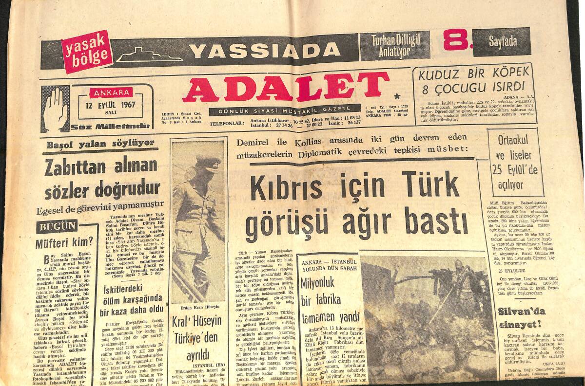 Adalet Gazetesi 12 Eylül 1967 - Kıbrıs İçin Türk Görüşü Ağır Bastı - Celal Bayar'a Yakıştırılan Suçlar! GZ139491 - 1