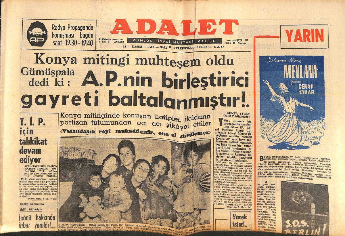 Adalet Gazetesi 12 Kasım 1963 - AP'NİN Birleştirici Gayreti Baltalanmıştır! - Cevat Önder: Ankara'nın Her Derdi Ele Alınmalıdır! GZ139621 - 1